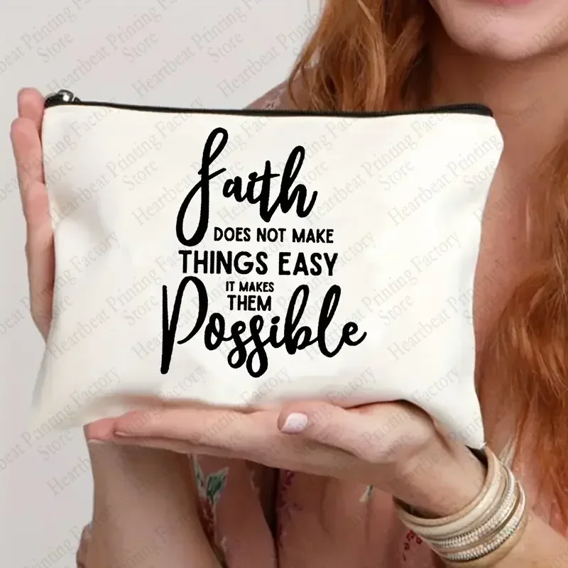 Faith Over Fear Pattern Christian Printed Makeup Pouch Cosmetic Make Up Bag Religion Graphic Fearless Slogan Toiletry Bags Purse