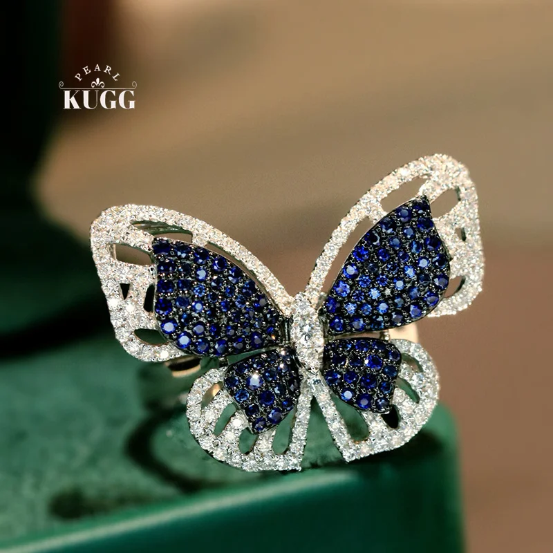 

KUGG 100% 18K White Gold Rings Elegant Butterfly Shape Luxury Diamond Natural Sapphire Ring for Women High Party Jewelry