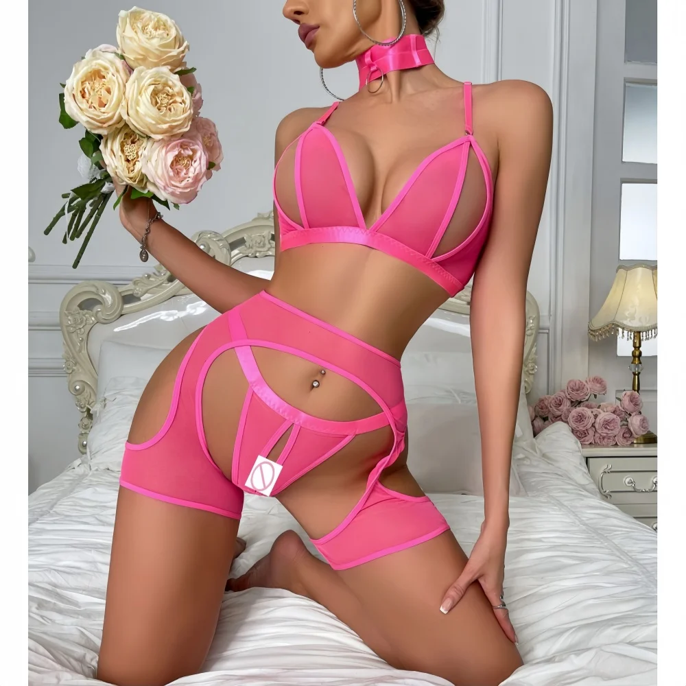 Sexy Mesh Hollow-Out Lingerie 4Pcs Sets See-Through Open Crotch Low-Cut Backless Erotic Intimate Set Sensual Tempt Onlyfans Kit