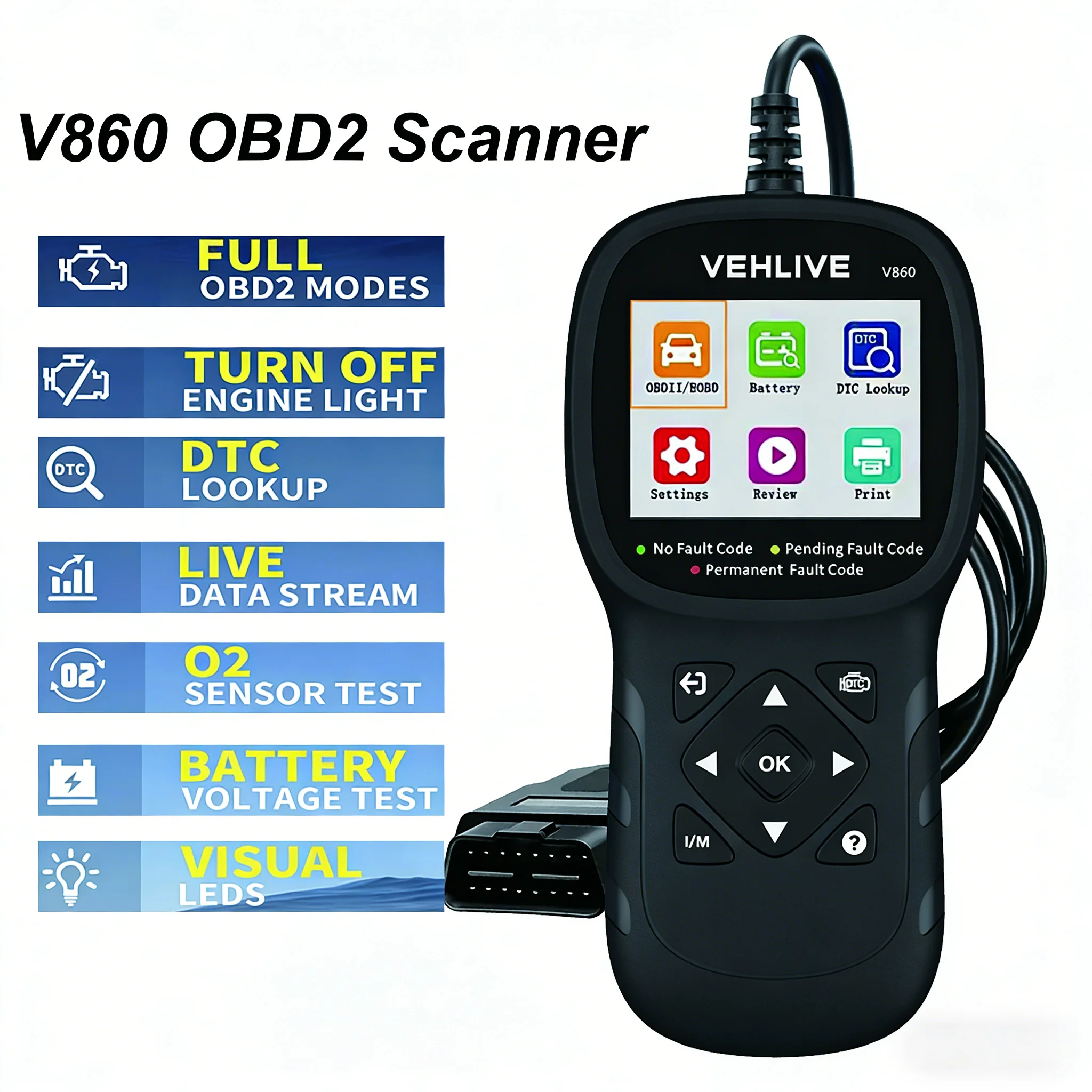 

Car OBD2 Scanner Diagnostic Tool Check DTCs Lookup Fault Code Reader And Eraser MOT Readiness Monitor Freeze Frame OBD Scanner