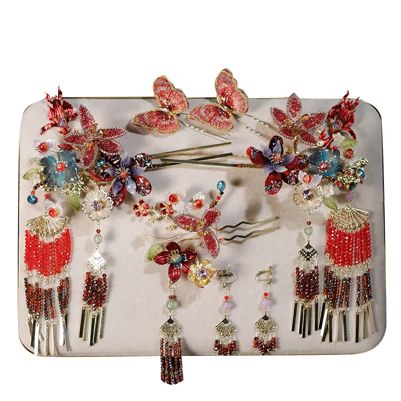 Red Wild New Chinese Xiuhe Headdress Fan Hairpin Age-Reducing Hanfu Morning Gowns Cheongsam Hair Accessories