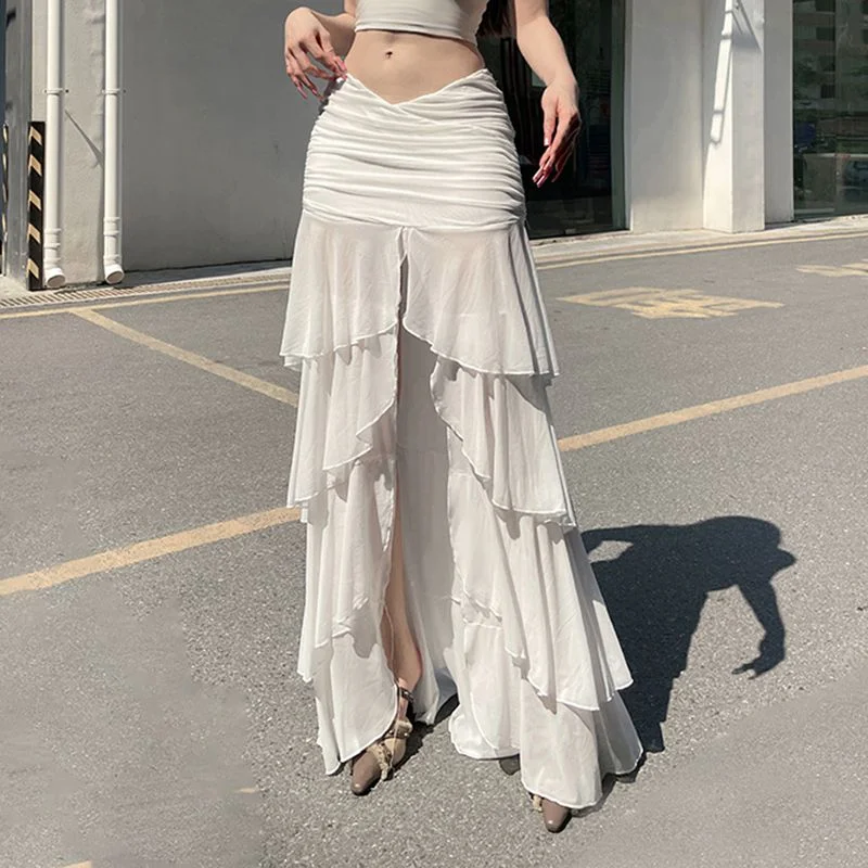 French Fairy Holiday Style Ruffled Mesh Skirt 2024 Autumn New Fashion Low Waist Pleated Casual Loose Slit Long Skirt For Women