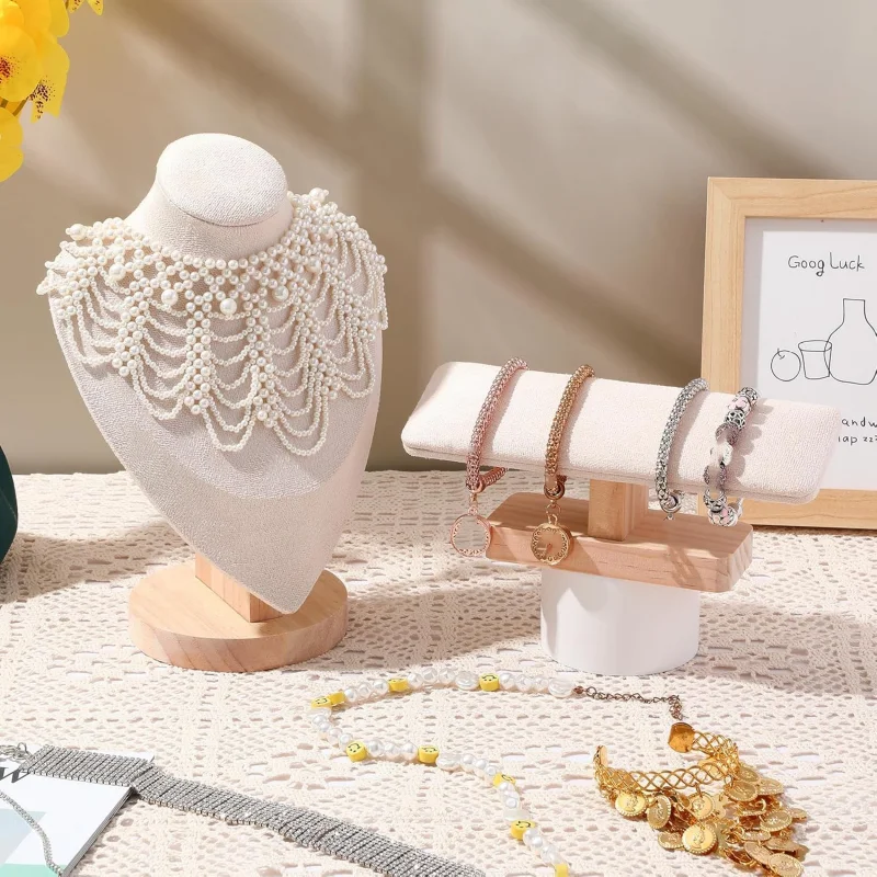 

1Set Jewelry Display Stand Set Velvet Jewelry Bust Display Stand and T Bar Bracelet Holder for Necklaces Bracelets Chains