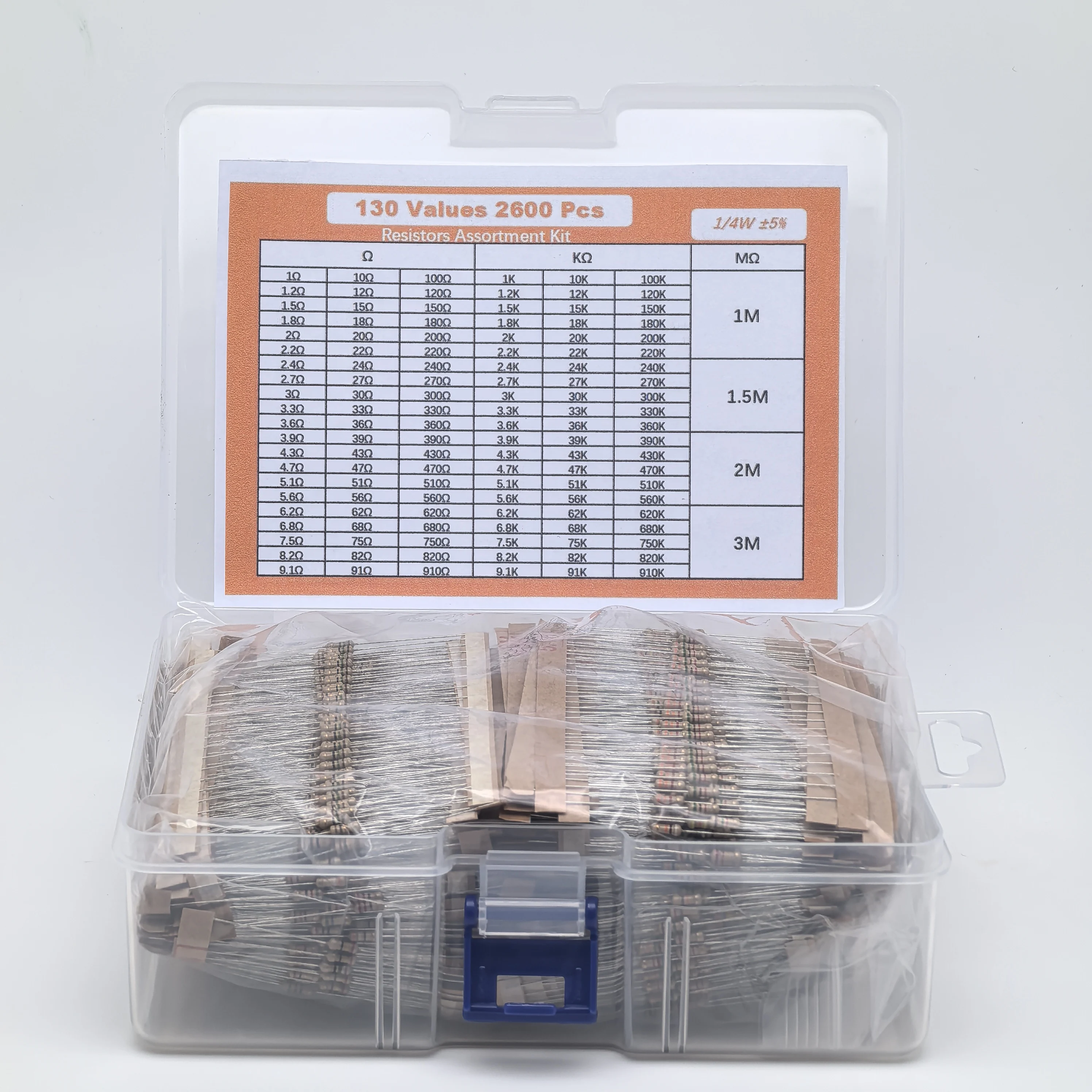 2600-Piece Carbon Film Resistor Assortment Kit for Maintenance: 130 Common Specifications, 1/4W, ±5% Tolerance, 20 Pieces Each