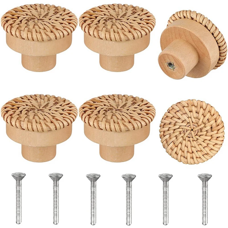 

Boho Rattan Dresser Knobs Round Wooden Drawer Knobs Handmade Wicker Woven And Screws For Boho Furniture Knobs 12Pcs