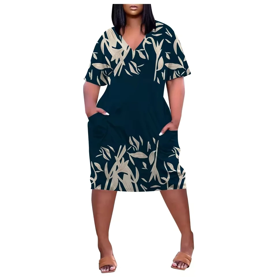 

Elegant Dresses For Women Women'S Large Printed V Neck Comfortable Loose Dress Short Sleeved Knee Length Dress Woman Clothing