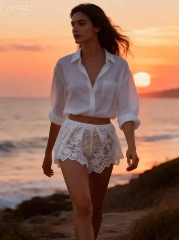 Women's Lace Sheer Shorts Summer Fashionable Solid Color Elastic Waist Mesh Shorts