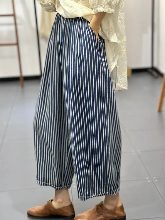 한국 슬레 캐주얼 팬츠 스트라이프 루즈 슬리밍 에이지 디파잉 다용도 코튼 와이드 레그 팬츠 하이 웨이스트 스트레이트 레그