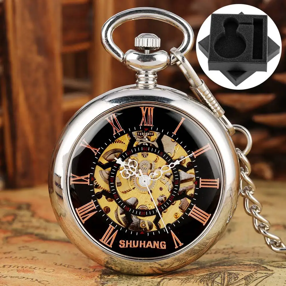 Silver Vintage Mechanical Hand Winding Pocket Watch Rose Gold Roman Numerals Display Open Face Dial Pendant Clock Retro Gift Men