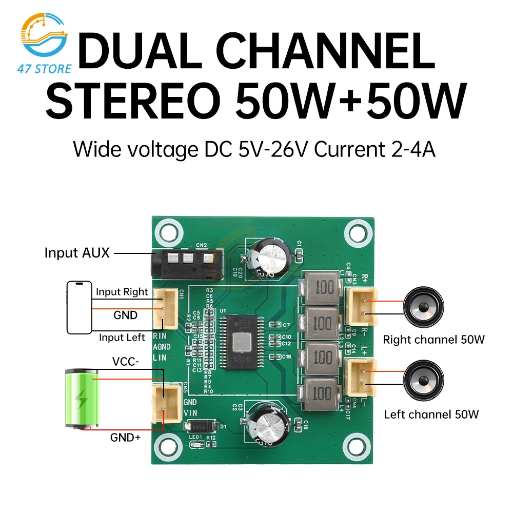 DC 5V-26V 2.0 Channel Digital Stereo Class D Audio Amplifier Board DIY 50W+50W Amplificador Sound Board Module Electeonic Kit