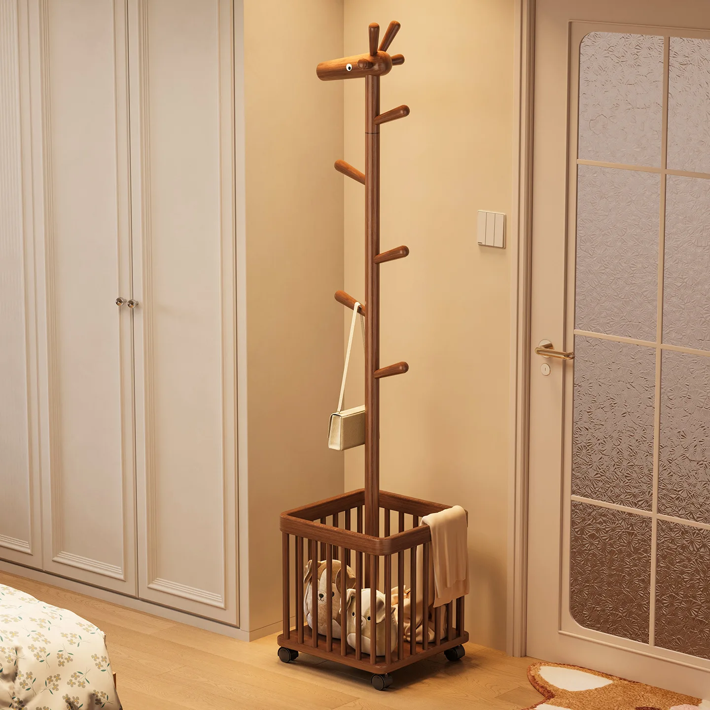 Solid wood coat rack floor-to-ceiling bedroom household removable laundry basket A hanger that does not take up space