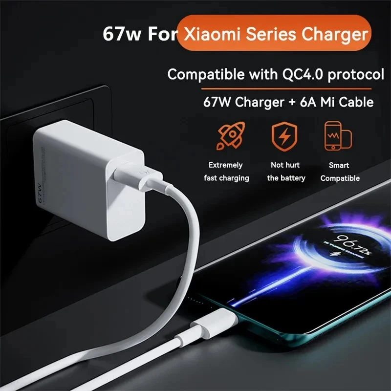 67W EU Ultra Fast Wall Charger For Xiaomi 11 12 Lite 13T 14 15 Redmi Note 10 11T 12T 13 POCO F4 F5 F6 X4 X5 Pro Type C USB Cable