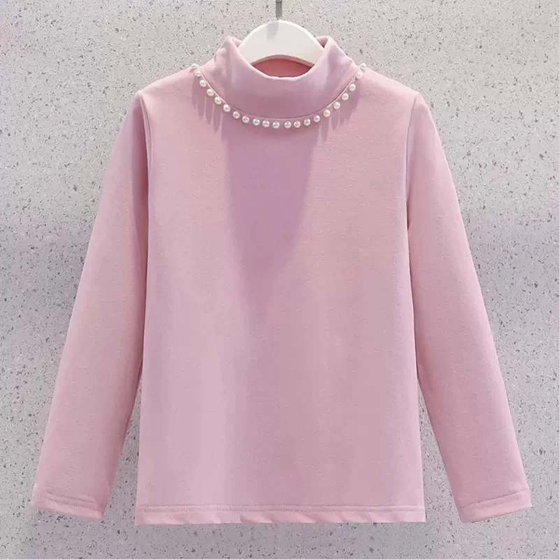 2024 autunno inverno ragazze t-shirt lunga bambino fondo adolescente bambini solid pearl warm cloth t shirt top 4 5 6 7 8 9 10 11 12 anni