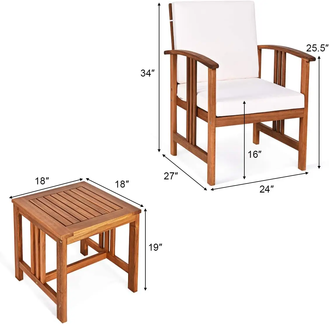 3 Pieces Patio Furniture Set, Includes Set of 2 Outdoor Acacia Wood Cushioned Chairs and Coffee Table, for Garden, Backyard, Poo