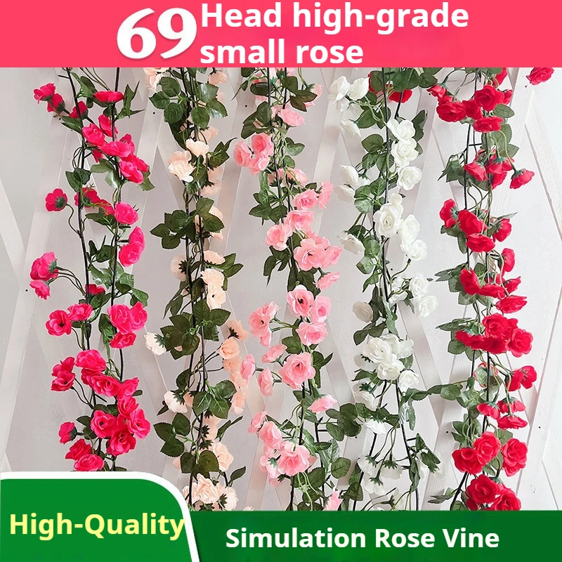 2Pcs 69 Head Simulated Rose Vine Wall Hanging Fake Flower Vine Rose Plastic Flower Silk Flower Vine Plant