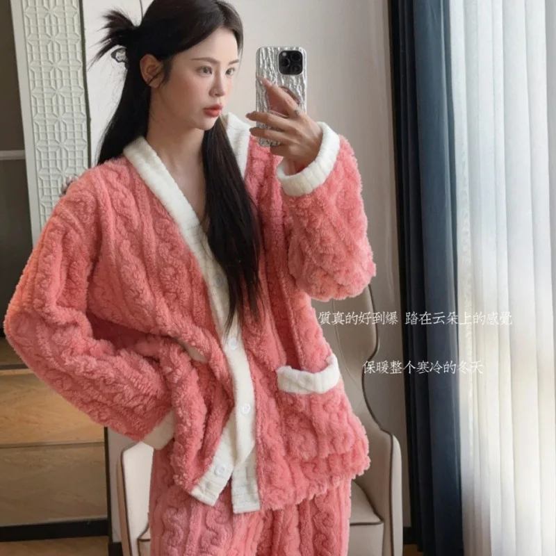 

Women's Pajamas Homewear Sleepwear Loungewear Winter Thickened Coral Fleece Homeclothes Girl's Student Solid Color Two-Piece Set