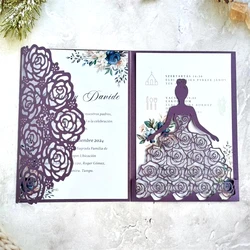 Laser Cut Quinceanera Invitations, Sweet 16 Birthday Card, Purple Tri Fold Pocket Envelop, 50Pcs