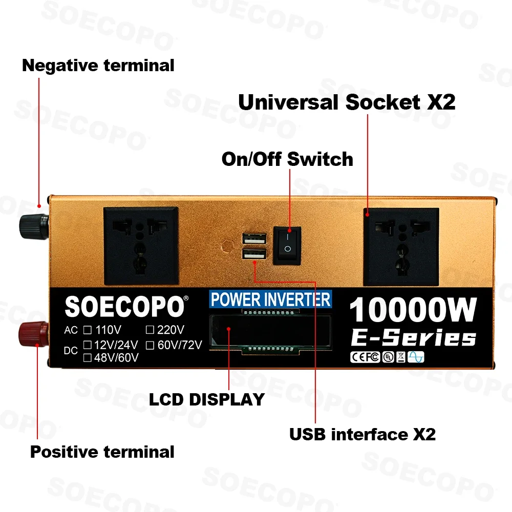 SOECOPO 10000 واط سيارة العاكس (2 منافذ USB 2 مآخذ) الجهد المزدوج DC12V/24 فولت 48 فولت/60 فولت 60 فولت/72 فولت إلى التيار المتناوب 220 فولت محول جهد كهربي التخييم RV