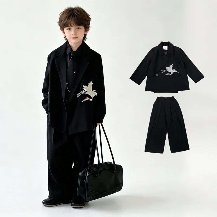 Boys Black Traditional Crane Embroidery Suit Set Blazer Shirt Pants with Tie for Wedding Party School Host Performance Outfit