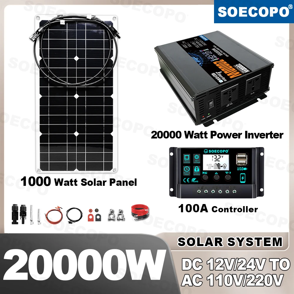 

20000W Off-grid Power Peak Solar System Kit 1000W Panel DC12V/24V AC110V 220V Inverter 100A Controller For Garden farm party Use