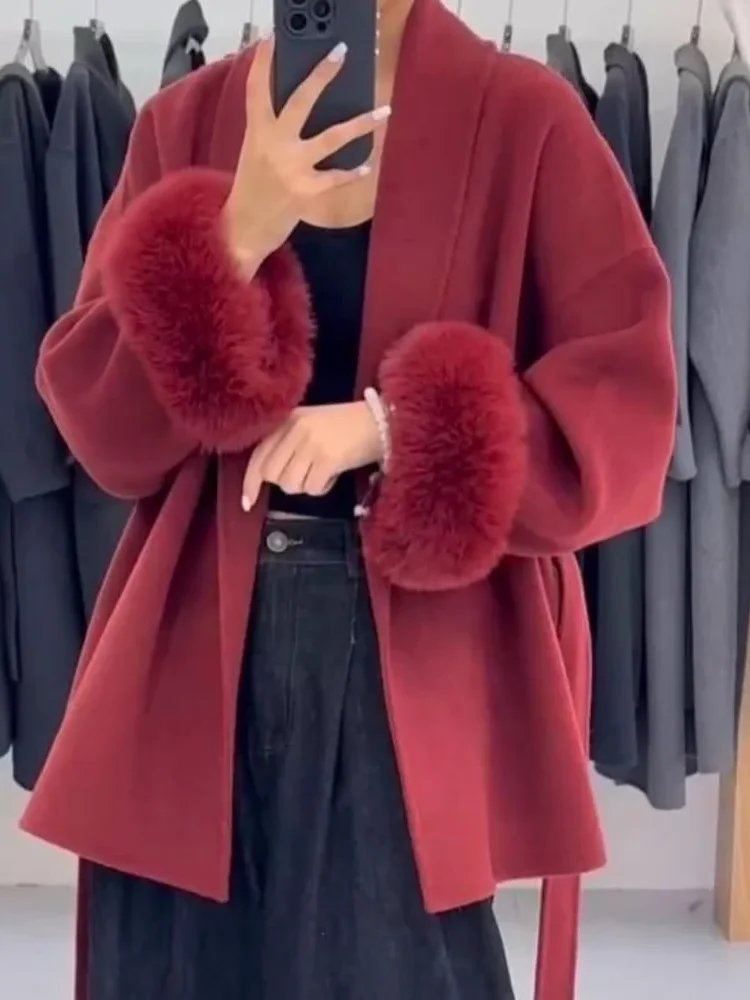 

Lapel Faux Fur Woolen Coats Of Women Fashionable Lace Up Single Breasted Pocket Loose Outwear 2025 New Ladies High Street Jacket