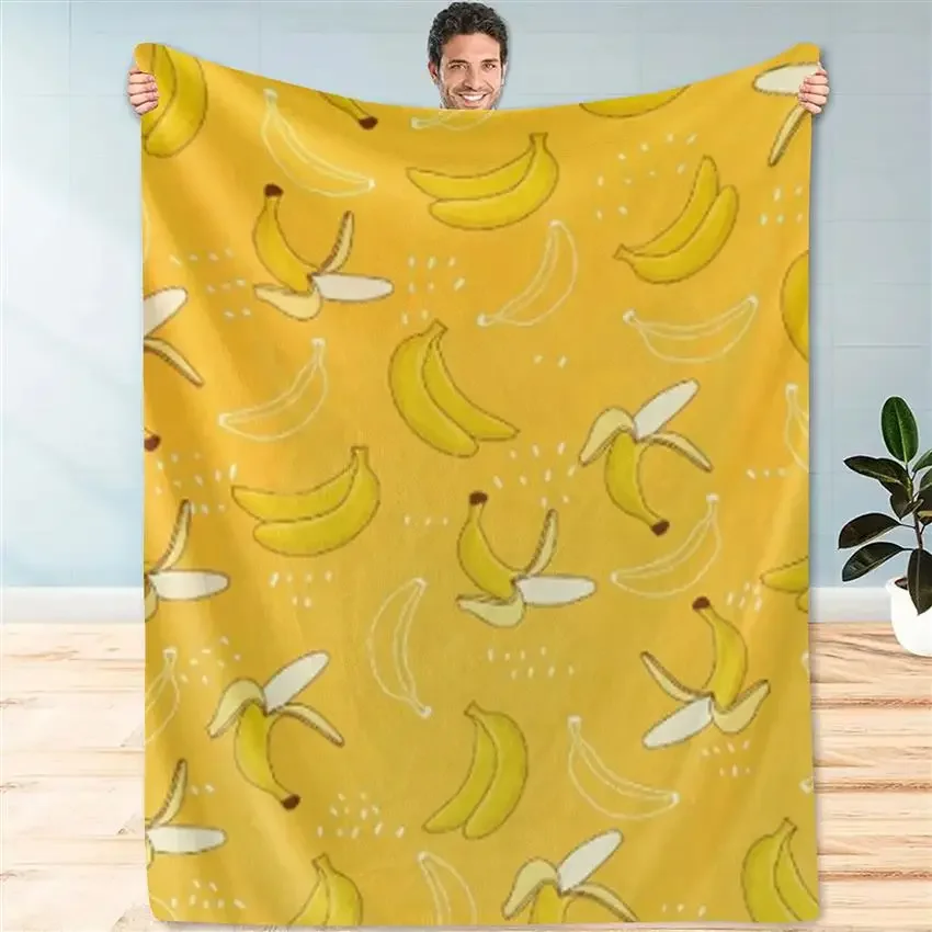 Bright yellow banana pattern Flannel printed blanket suitable for all seasons suitable for living room office sofa and travel