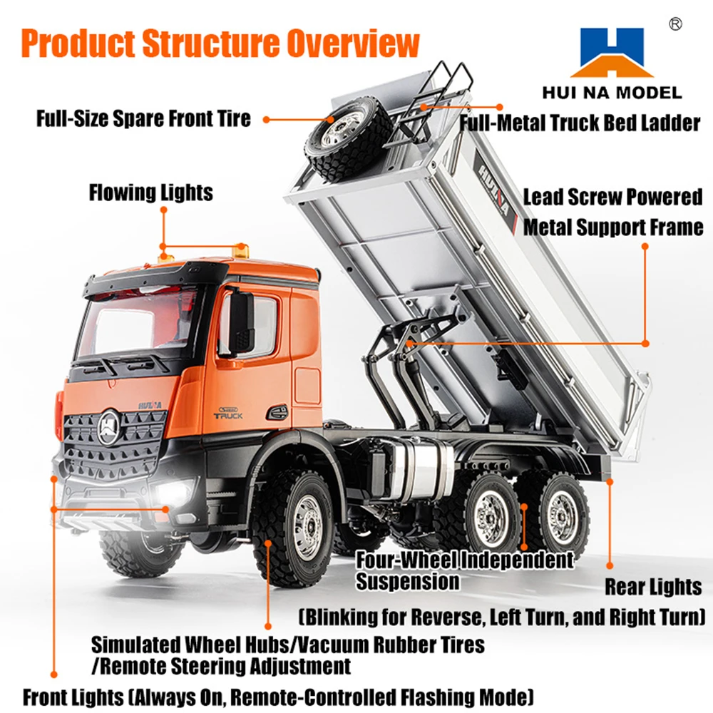 HUINA 1/14 합금 원격 조종 덤프트럭 14채널 1598 RC 트럭 6륜 구동 전기 공학 운송 RTR 차량 모델 장난감 어린이용