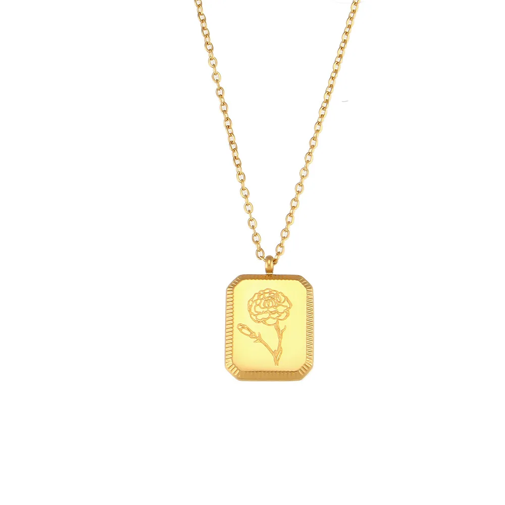 Ins 18K Gold Plated Stainless Steel Square Flower Pendant Monthly Necklace For Women Waterproof Hypoallergenic