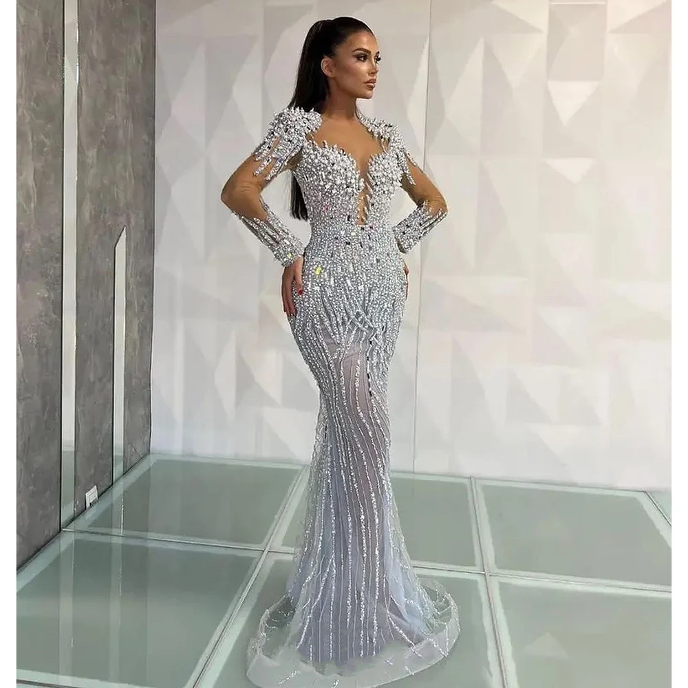 

Full Beaded Sexy V Neck Mermaid Evening Dresses Long Sleeves Formal Occasion Gowns Grand Party Dresses For Wedding Robes Soirée