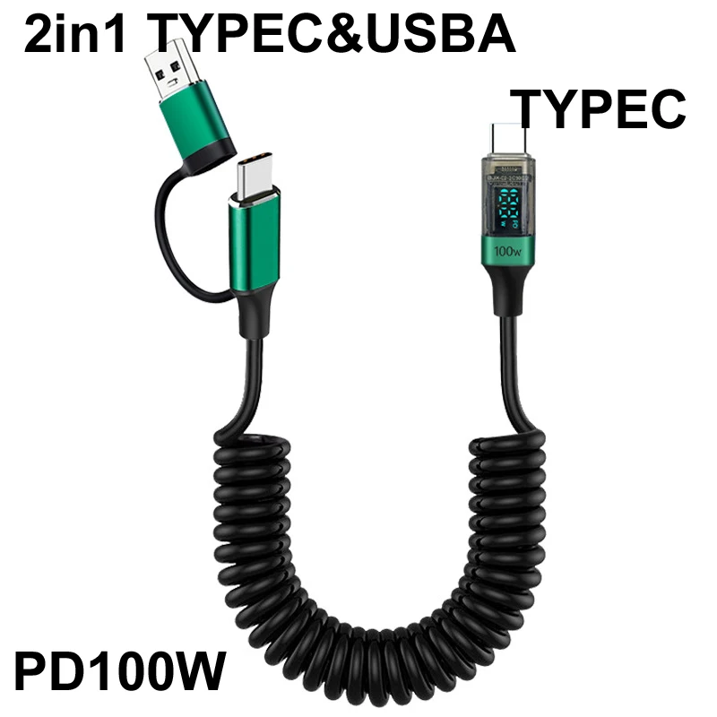 

LED Digital Display 1.8M PD 100W 20V 5A Spring 2IN1 Type C UAB A To USB C 480Mbps Data Fast Charging AUTO CAR Cable For iphone