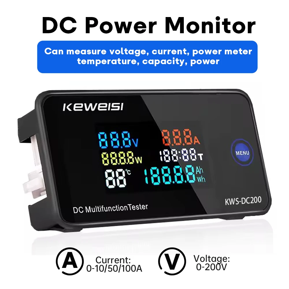 KWS-DC200 Digital Voltmeter DC 0-200V DC Power Monitor LED Color Display Wattmeter Current Voltage Power Tester 0-10/50/100A