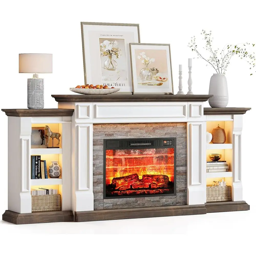 

Электрический камин-тумба для телевизоров 72-80 дюймов, с каминной полкой, местом для хранения и облицовкой из каменной кладки