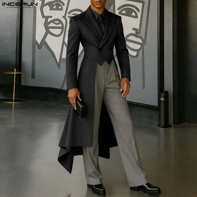 

INCERUN мужской нерегулярный пиджак, однотонный мужской костюм с лацканами и длинными рукавами на пуговицах, уличная одежда, элегантный модный повседневный длинный стильный пиджак