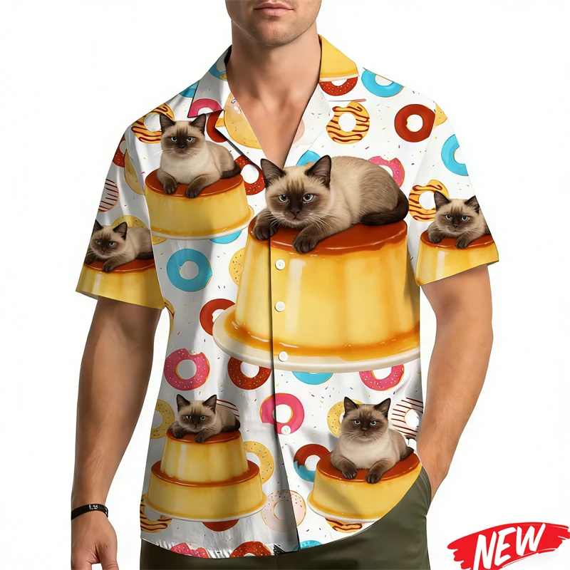 

Creative Dessert Cat Pattern Shirt Men 2026 Spring Summer Beach Shirt 3d Printing Animal Hawaiian Shirts Short Sleeve Tops