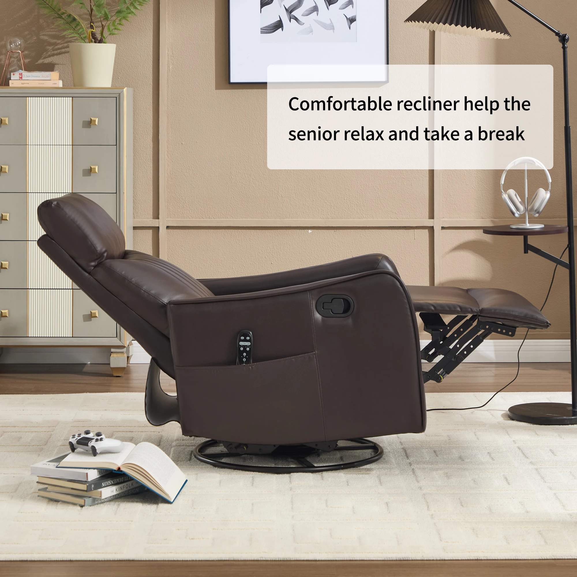 Manual Recliner Chair with Heat & Massage, Brown Faux Leather Rocker Swivel Accent Chair for Living Room view 4