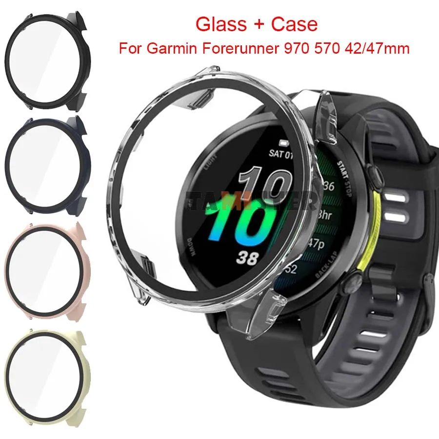 For Garmin Forerunner 970 570 47mm 42mm Case Cover Tempered Glass Protective Shell Bumper Screen Protector Frame Accessories