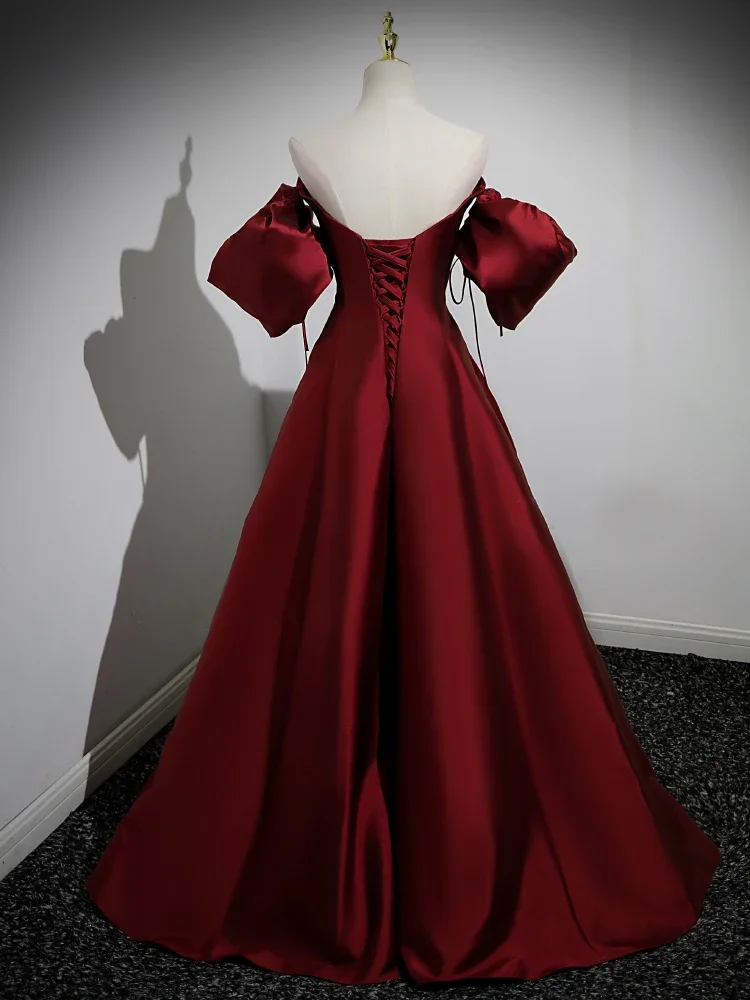 Customized Wine Red Satin Evening Dress Sweetheart A-line Lantern Sleeves Elegant Formal Gowns for Women Vestido De Noche