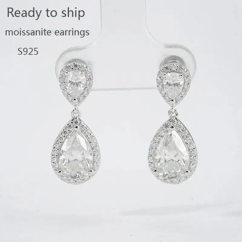925 Sterling Silver Moissanite Earrings 4ct total fashion design wedding earrings stud pear moissanite