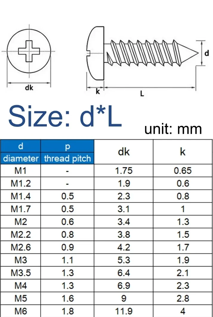 M3 M3.5 M4 M5 M6 Furniture Screw GB845 Brass Copper Cross Recessed Phillips Pan Head Self-tapping Screws Wood Screws