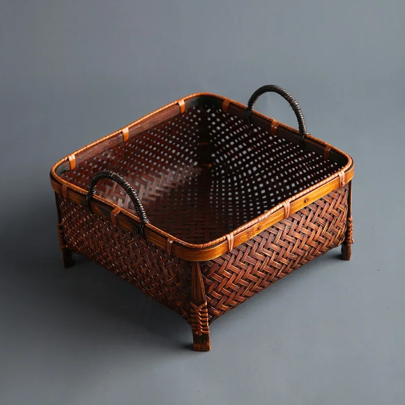 

BP53 Antique Bamboo Handheld Basket, Vintage Snack and Fruit Bin, Tea Ceremony Storage Box, Retro Woven Container for Tea Room