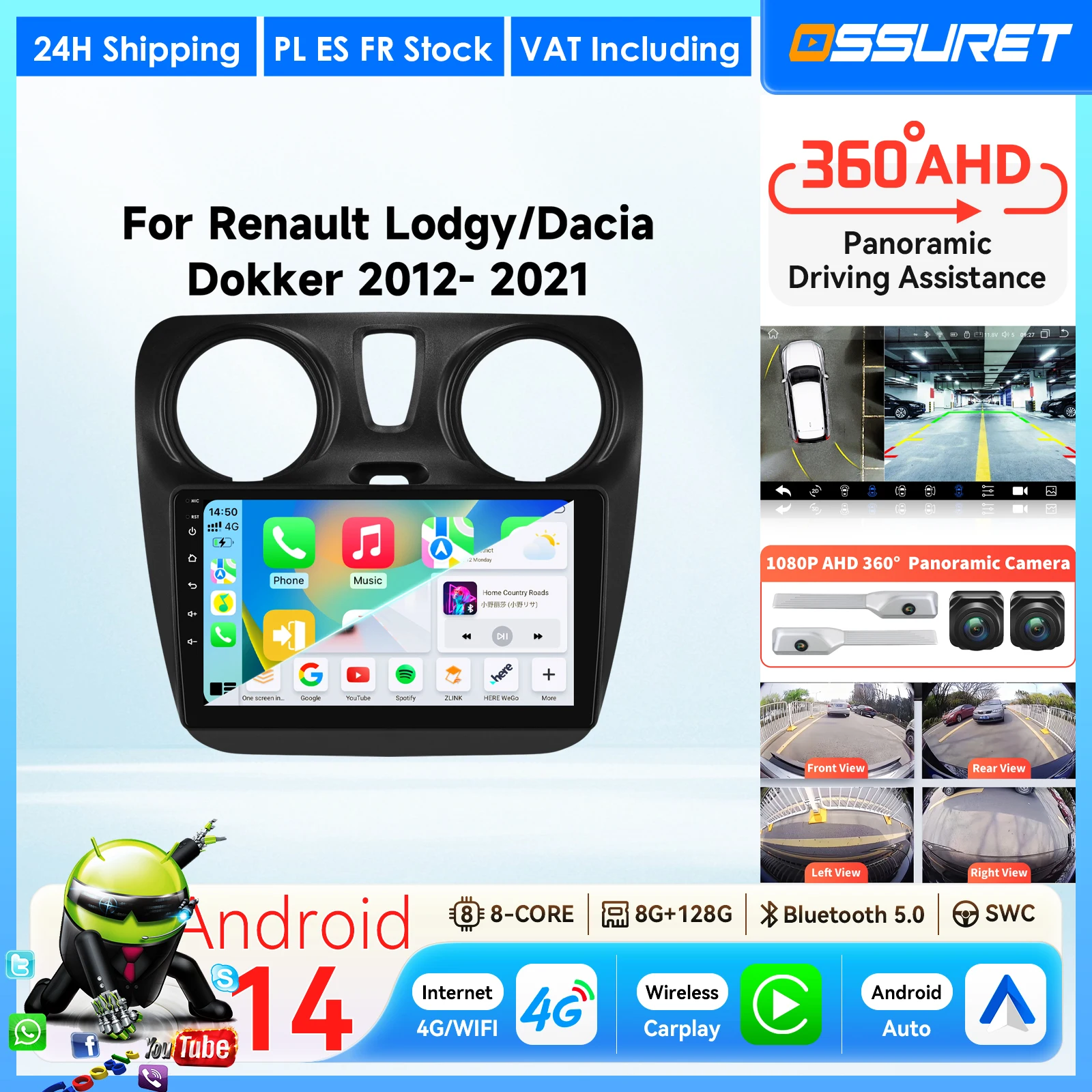 Android 14 Carplay per Renault Lodgy Dacia Dokker 2012 - 2021 Autoradio 2DIN GPS Lettore Multimediale Video Telecamera 360 Schermo Intelligente per Auto 9"7862 Unità Principale 4G WIFI SWC RDS