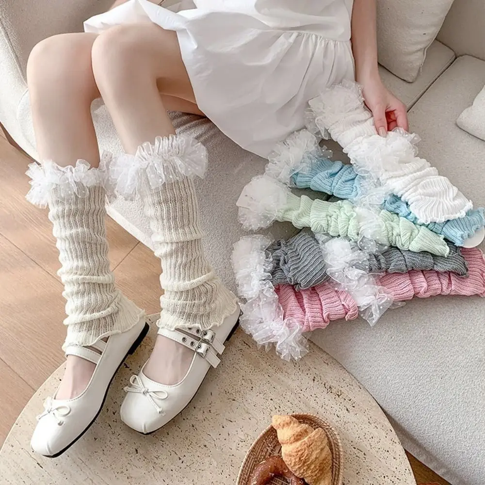 

Ballet Style Sweet Leg Warmer Candy Color Cotton Knee High Ruffle Socks Breathable Knitted Ballet Calf Long Socks Streetwear