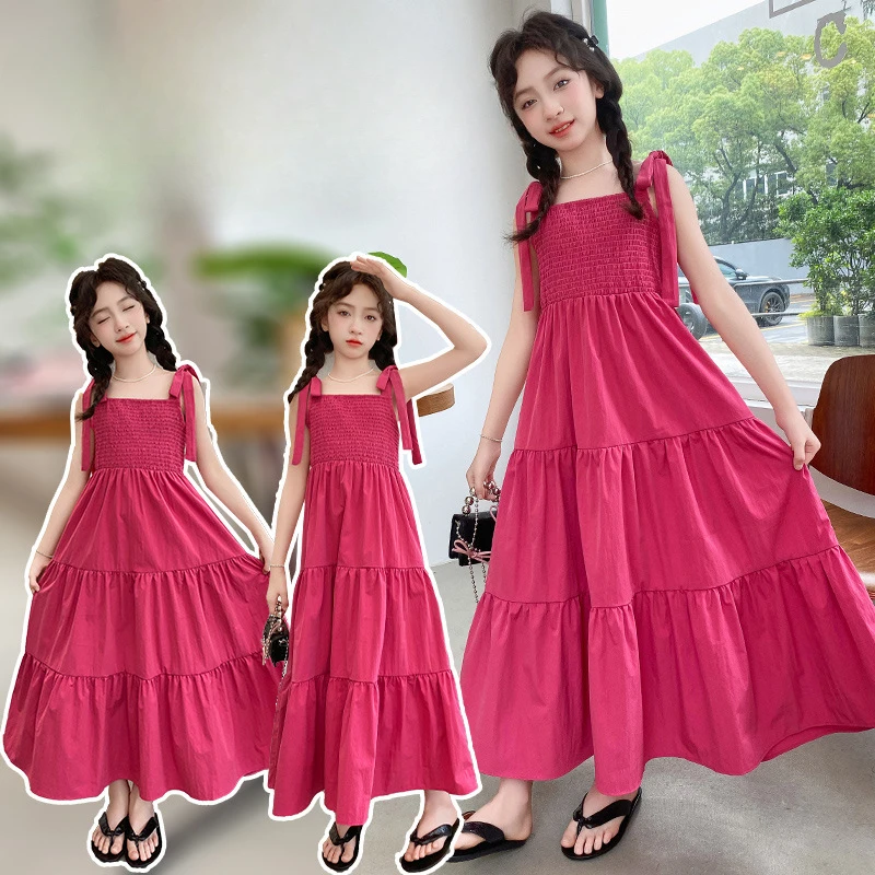 

Girls Dress Summer 2024 New Style Children Slip Dress Summer Children Beach Holiday Long Skirt Simple Casual Children Skirt