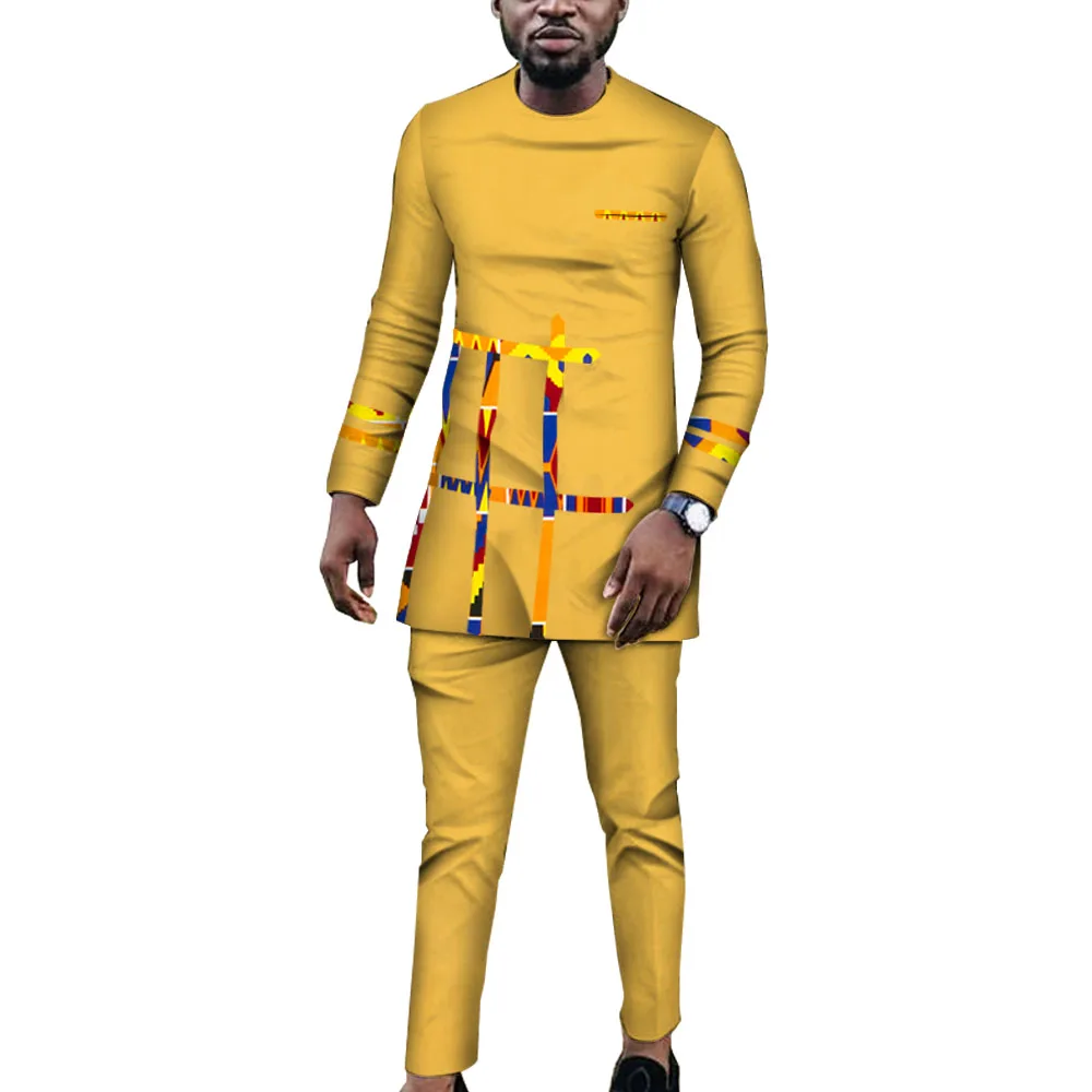 

African Outfits for Men Tops Gown and Trousers African Men Clothes Long Sleeve Shirt and Pants Set WYN920