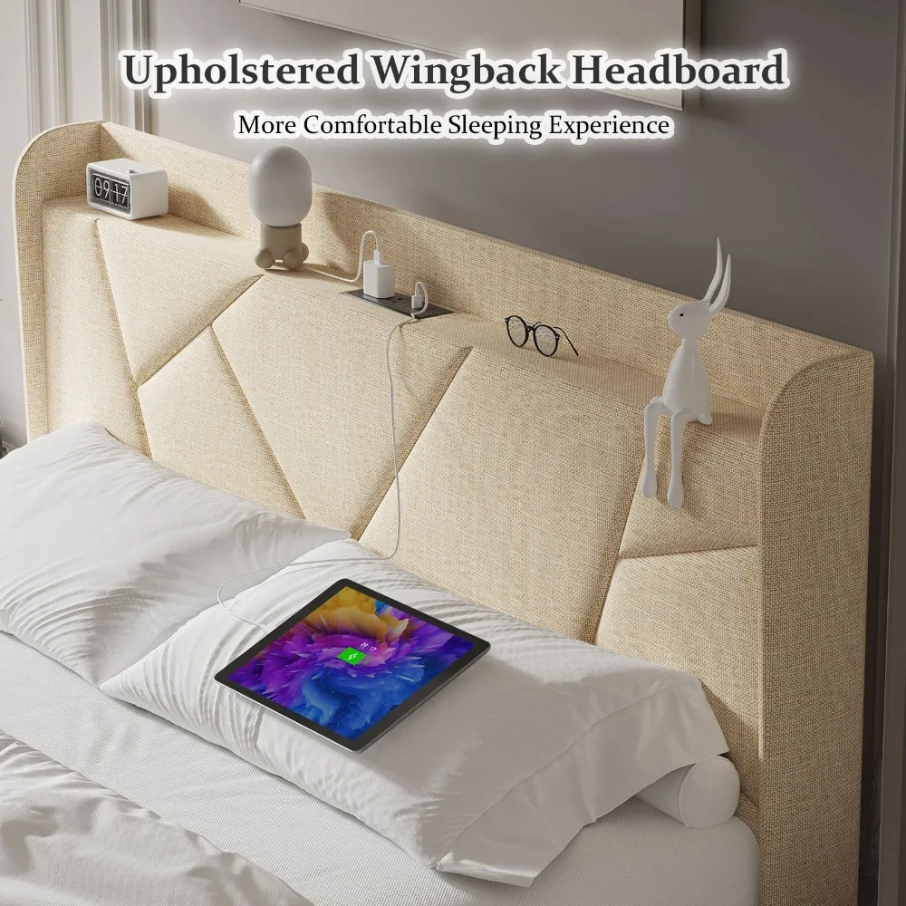 Queen Bed Frame with Charging Station, Upholstered Platform Bed with Wingback Storage Headboard, Beige image 3