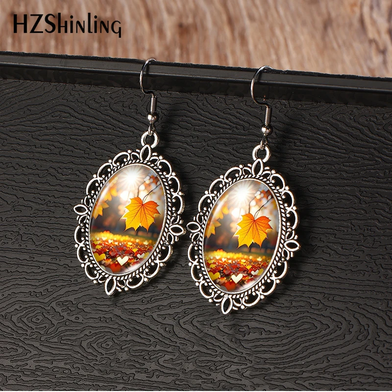2024 New Fall Leaves Vintage Dangle Earring Fish Hook Earrings Oval Glass Dome Jewelry Gift Girls