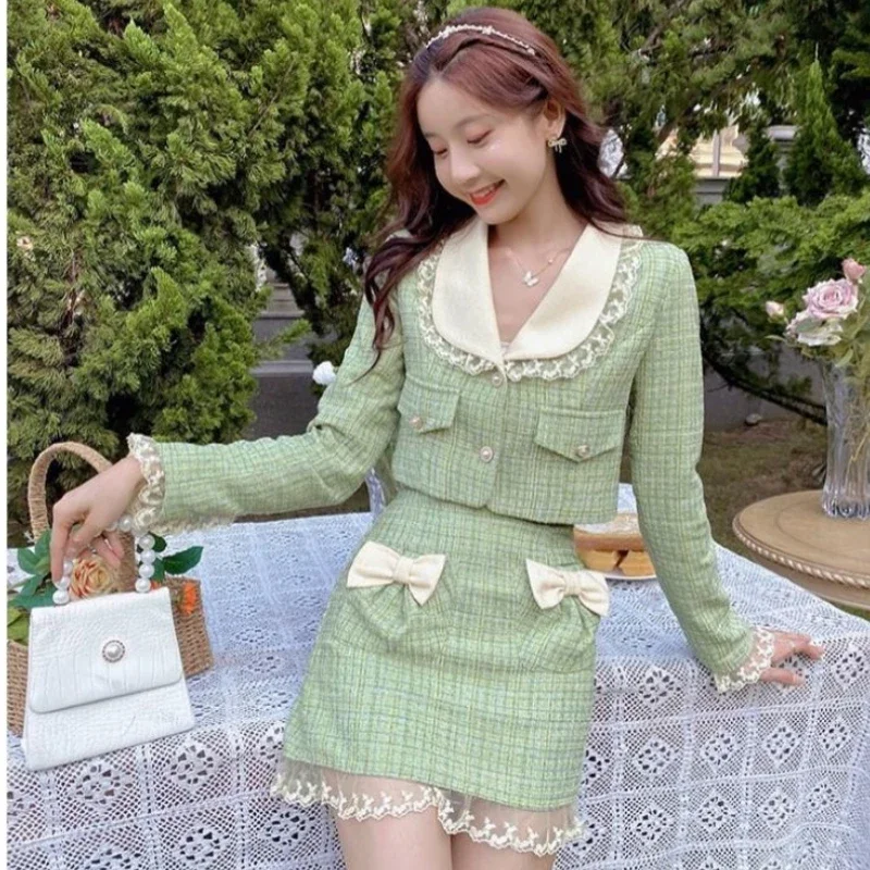 

Autumn Winter Sweet Lolita Woolen Skirt Sets Women Elegant Tweed Plaid Bow Lace Ruffles Jackets Mini Skirts Suit SH2025