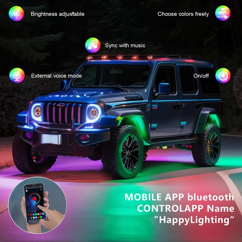 RGB Rock Lights, Multicolor Underglow Lights Kit With App Control Flashing Music Mode Waterproof Wheel Well Light