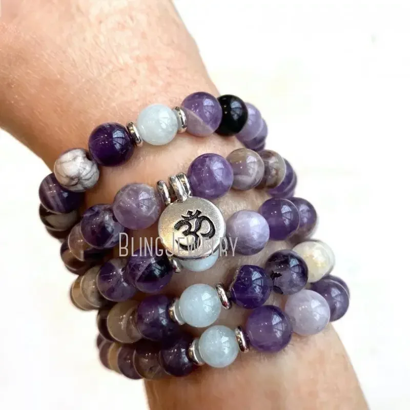 5pcs Tibetan Buddhist Rosary 108 Japa Mala Prayer Bead Amethyst Aquamarine Om Charm Yoga Bracelet Women Spiritural Jewelry