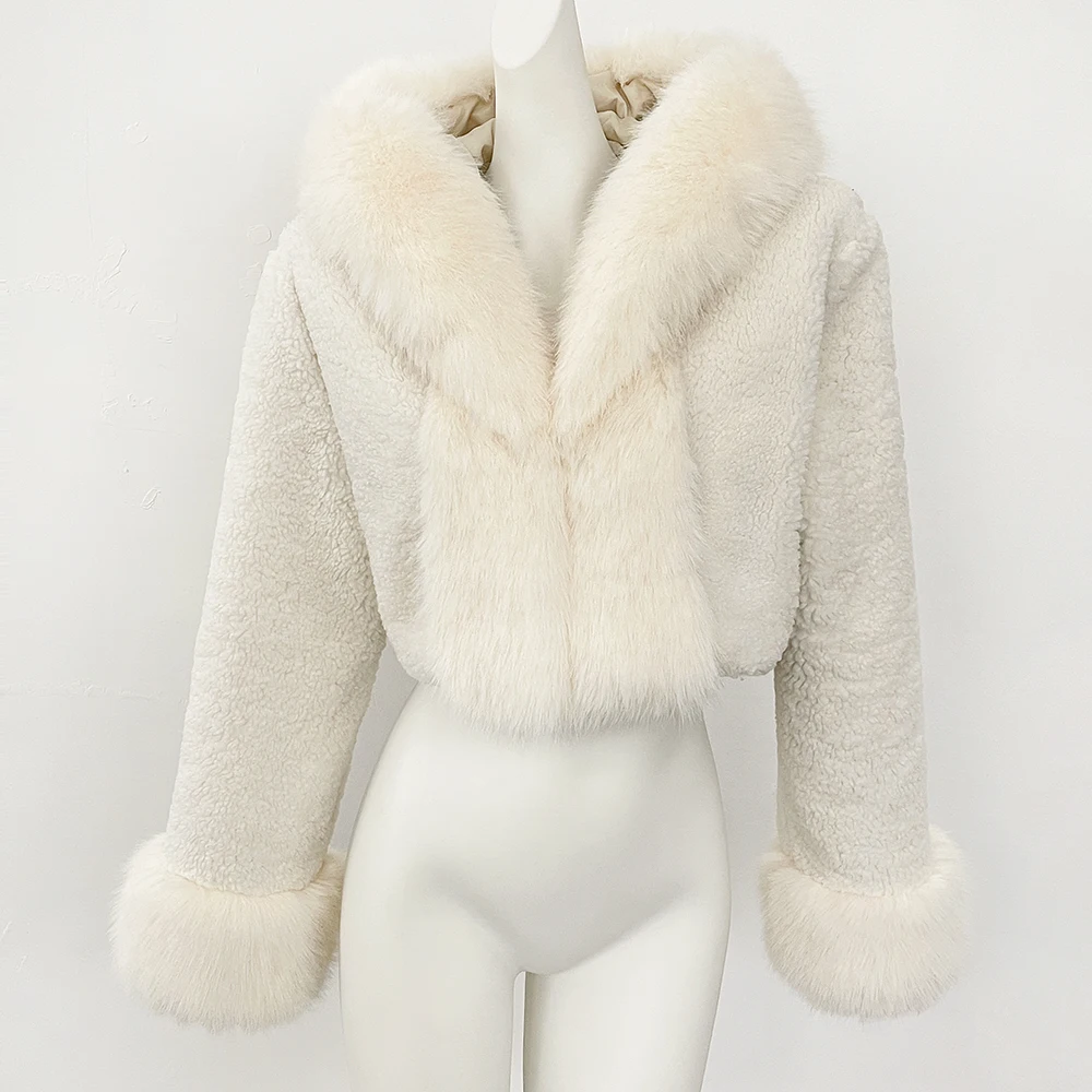 

OFTBUY Lambwool Female Autumn Warm Thick Faux Fur Jacket Artificial Winter Clothing Women Hooded Short Fur Coat Eco-friendly